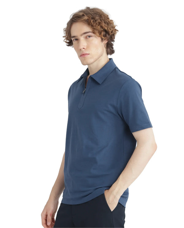 Rare Rabbit Men Ski Blue Cotton Lycra Blend Fabric Short Sleeve Collared Neck Zipper Closure Plain Polo