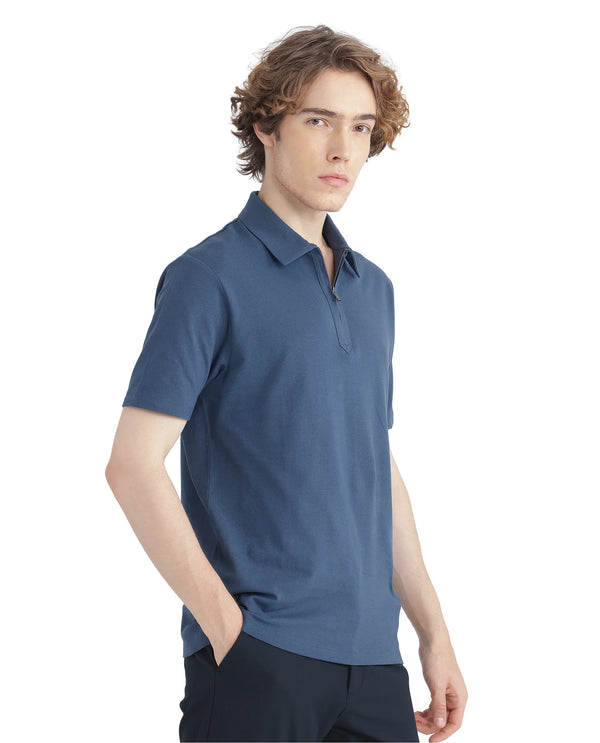 Rare Rabbit Men Ski Blue Cotton Lycra Blend Fabric Short Sleeve Collared Neck Zipper Closure Plain Polo