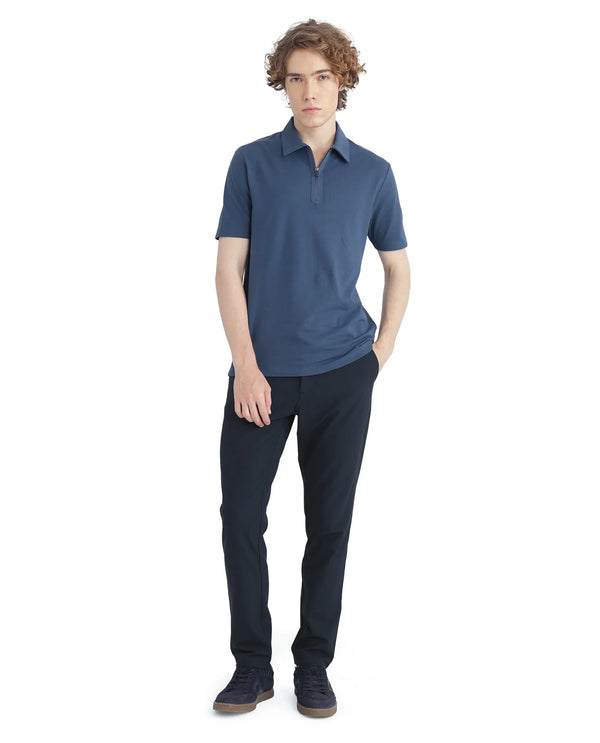 Rare Rabbit Men Ski Blue Cotton Lycra Blend Fabric Short Sleeve Collared Neck Zipper Closure Plain Polo