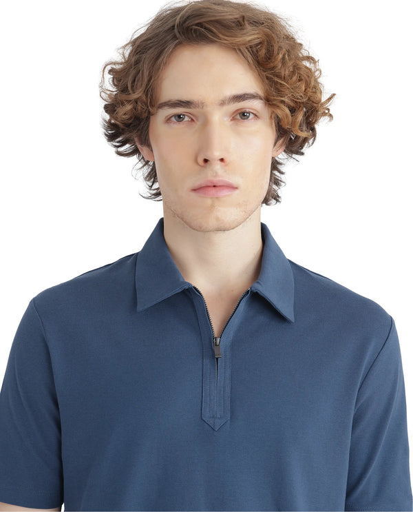 Rare Rabbit Men Ski Blue Cotton Lycra Blend Fabric Short Sleeve Collared Neck Zipper Closure Plain Polo