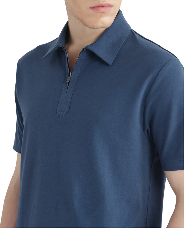 Rare Rabbit Men Ski Blue Cotton Lycra Blend Fabric Short Sleeve Collared Neck Zipper Closure Plain Polo