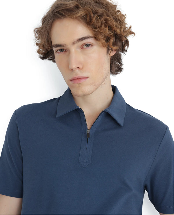 Rare Rabbit Men Ski Blue Cotton Lycra Blend Fabric Short Sleeve Collared Neck Zipper Closure Plain Polo