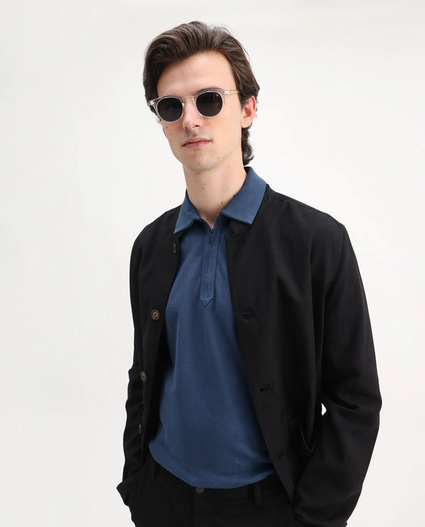 Rare Rabbit Men Ski Blue Cotton Lycra Blend Fabric Short Sleeve Collared Neck Zipper Closure Plain Polo