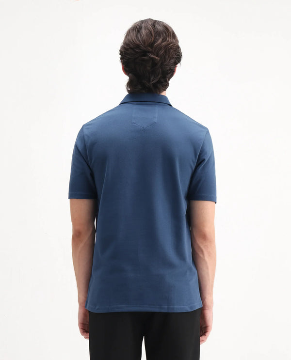 Rare Rabbit Men Ski Blue Cotton Lycra Blend Fabric Short Sleeve Collared Neck Zipper Closure Plain Polo