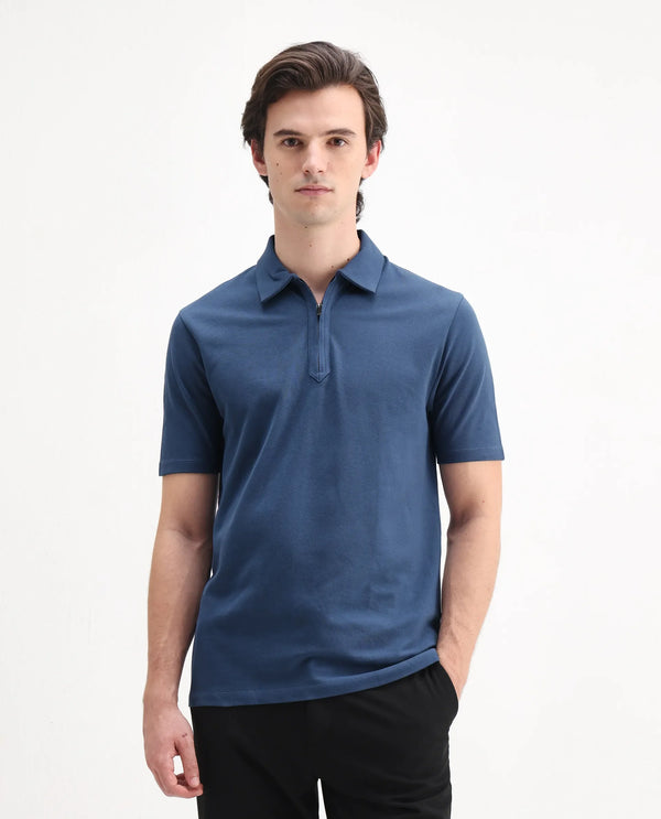 Rare Rabbit Men Ski Blue Cotton Lycra Blend Fabric Short Sleeve Collared Neck Zipper Closure Plain Polo
