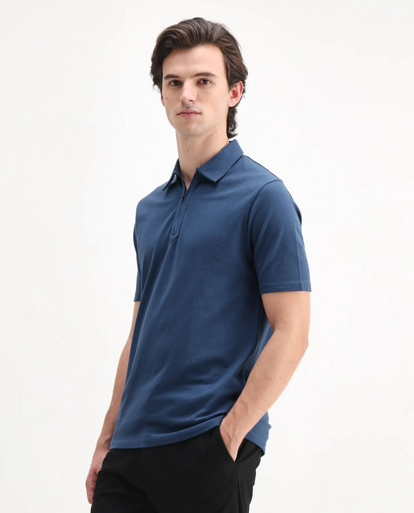Rare Rabbit Men Ski Blue Cotton Lycra Blend Fabric Short Sleeve Collared Neck Zipper Closure Plain Polo