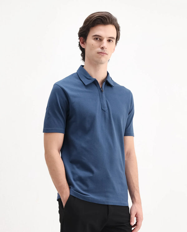 Rare Rabbit Men Ski Blue Cotton Lycra Blend Fabric Short Sleeve Collared Neck Zipper Closure Plain Polo