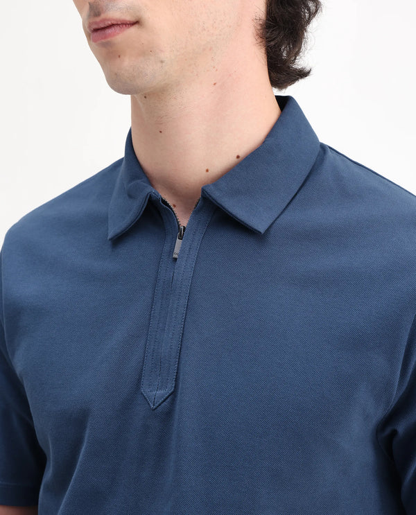 Rare Rabbit Men Ski Blue Cotton Lycra Blend Fabric Short Sleeve Collared Neck Zipper Closure Plain Polo
