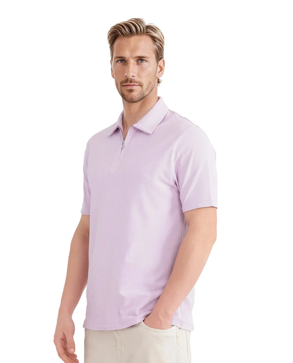 Rare Rabbit Men Ski Light Pink Cotton Blend Fabric Short Sleeve Regular Collared Zipper Closure Plain Polo