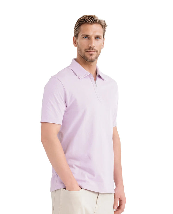 Rare Rabbit Men Ski Light Pink Cotton Blend Fabric Short Sleeve Regular Collared Zipper Closure Plain Polo