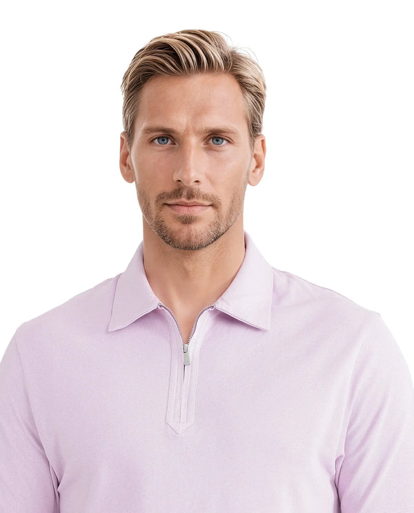 Rare Rabbit Men Ski Light Pink Cotton Blend Fabric Short Sleeve Regular Collared Zipper Closure Plain Polo
