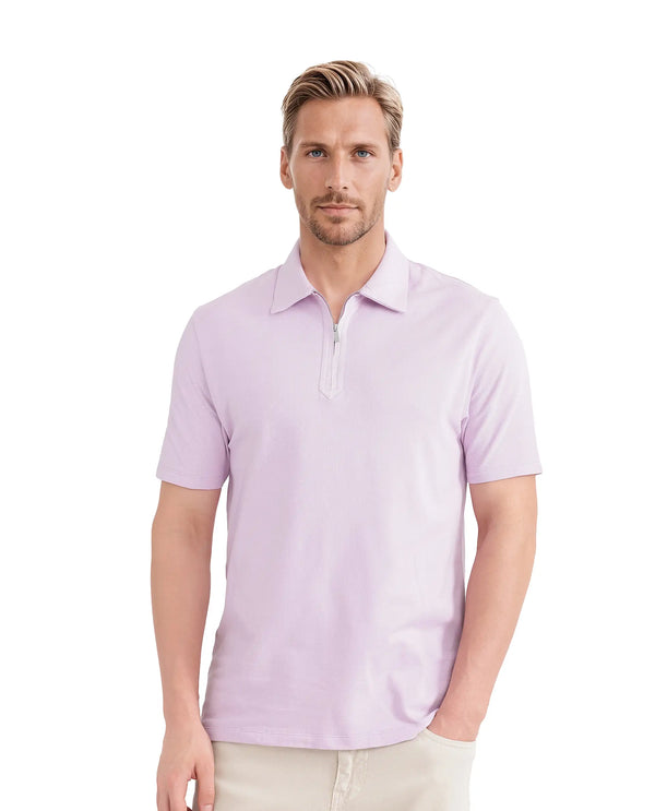 Rare Rabbit Men Ski Light Pink Cotton Blend Fabric Short Sleeve Regular Collared Zipper Closure Plain Polo