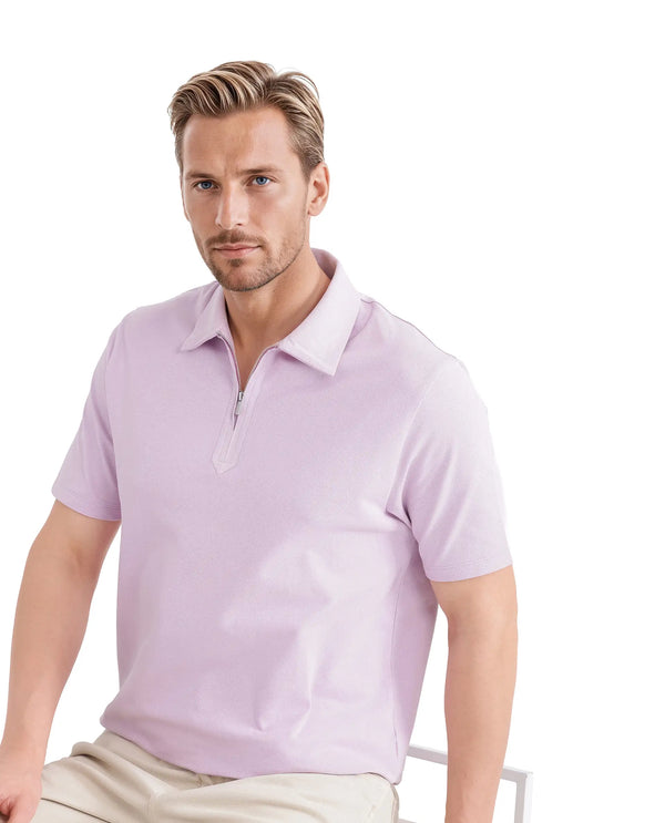 Rare Rabbit Men Ski Light Pink Cotton Blend Fabric Short Sleeve Regular Collared Zipper Closure Plain Polo