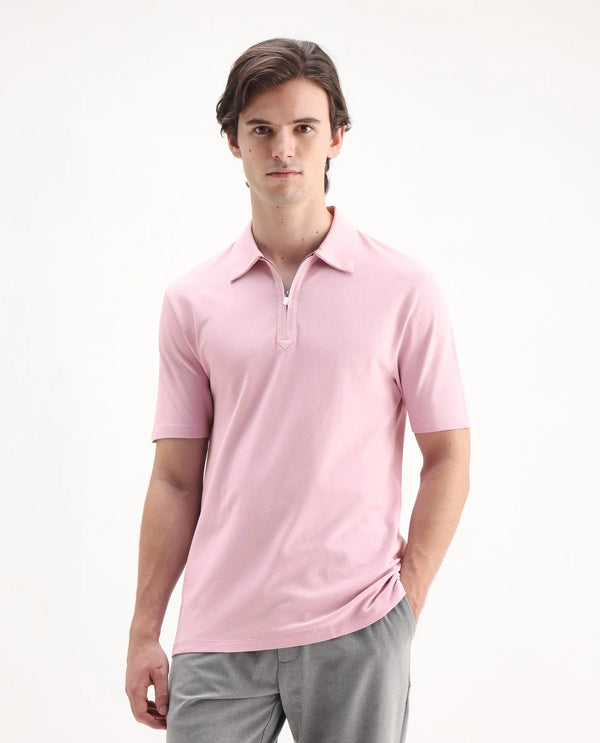 Rare Rabbit Men Ski Light Pink Cotton Blend Fabric Short Sleeve Regular Collared Zipper Closure Plain Polo
