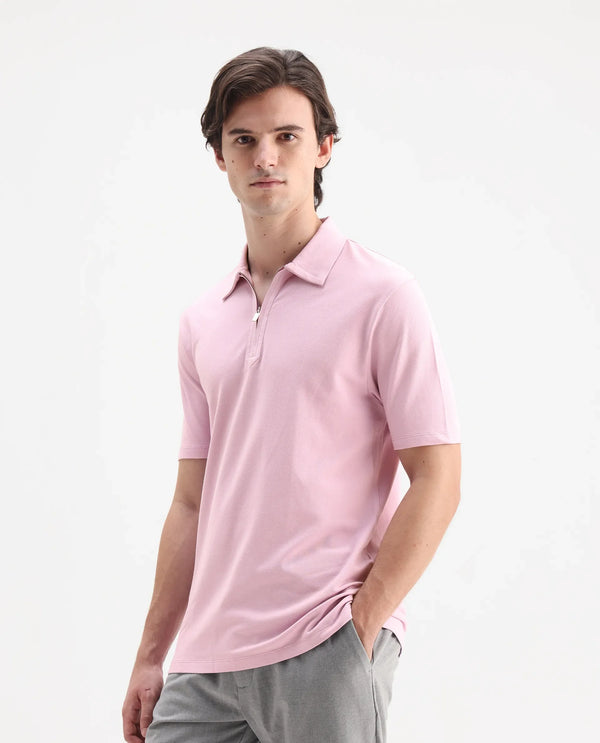 Rare Rabbit Men Ski Light Pink Cotton Blend Fabric Short Sleeve Regular Collared Zipper Closure Plain Polo