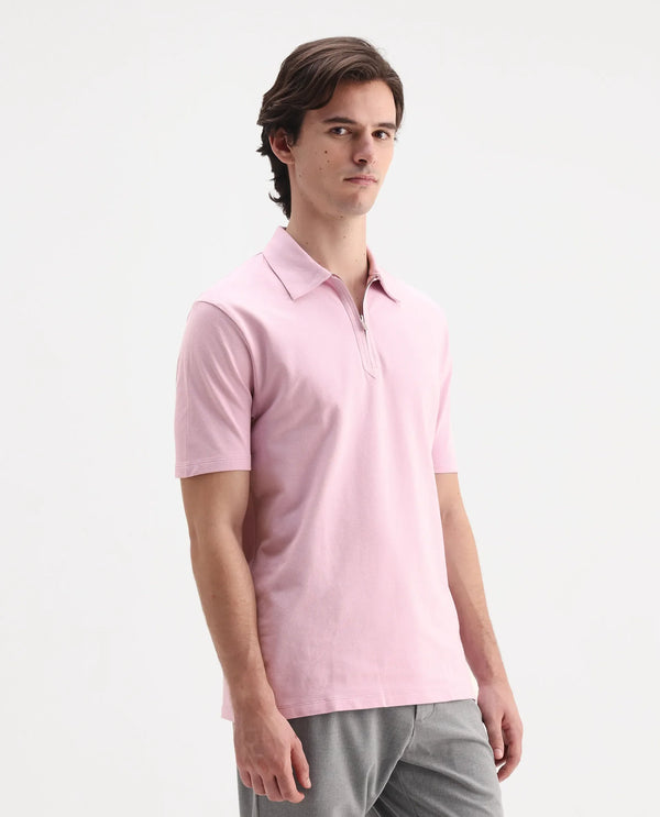 Rare Rabbit Men Ski Light Pink Cotton Blend Fabric Short Sleeve Regular Collared Zipper Closure Plain Polo