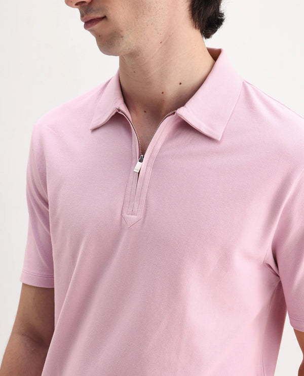 Rare Rabbit Men Ski Light Pink Cotton Blend Fabric Short Sleeve Regular Collared Zipper Closure Plain Polo