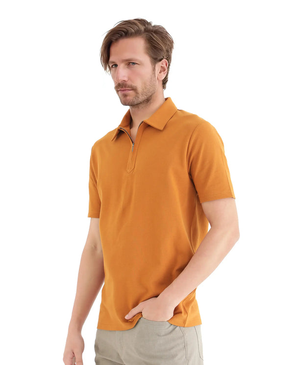Rare Rabbit Men Ski Rust Cotton Blend Fabric Short Sleeve Regular Collared Zipper Closure Plain Polo