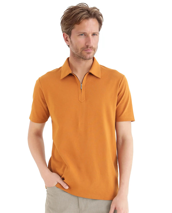 Rare Rabbit Men Ski Rust Cotton Blend Fabric Short Sleeve Regular Collared Zipper Closure Plain Polo