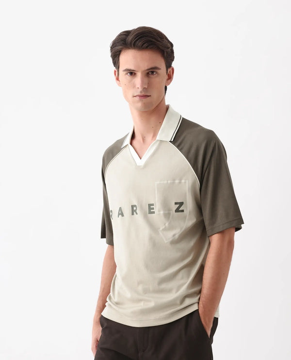 Rare Rabbit Men Skot Beige Poly Cotton Fabric Short Sleeve Slip-On Oversized Fit Printed Polo