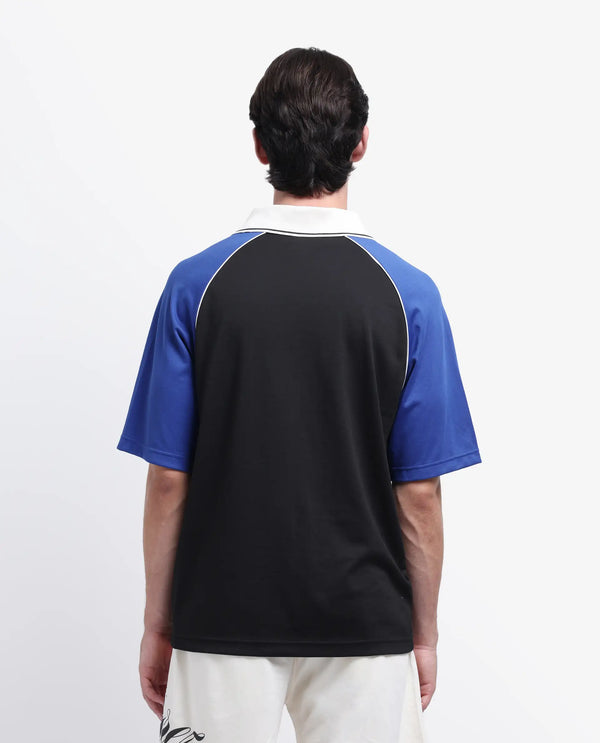 Rare Rabbit Men's Skot Black Polyester Cotton Fabric Half Sleeve Crew Neck Oversized Fit Graphic Print Polo