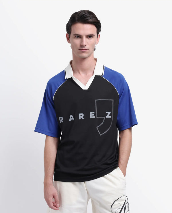 Rare Rabbit Men's Skot Black Polyester Cotton Fabric Half Sleeve Crew Neck Oversized Fit Graphic Print Polo