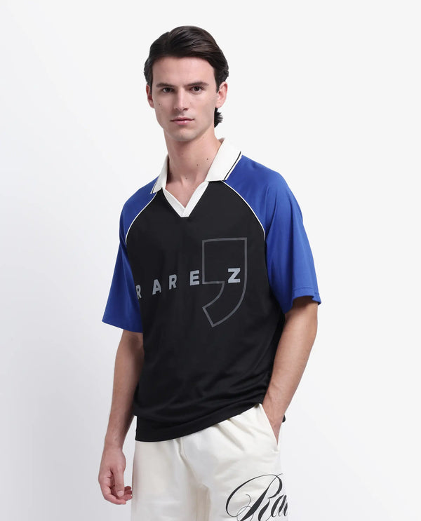 Rare Rabbit Men's Skot Black Polyester Cotton Fabric Half Sleeve Crew Neck Oversized Fit Graphic Print Polo