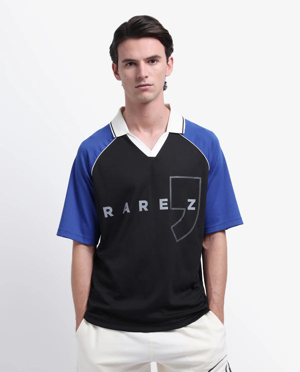 Rare Rabbit Men's Skot Black Polyester Cotton Fabric Half Sleeve Crew Neck Oversized Fit Graphic Print Polo