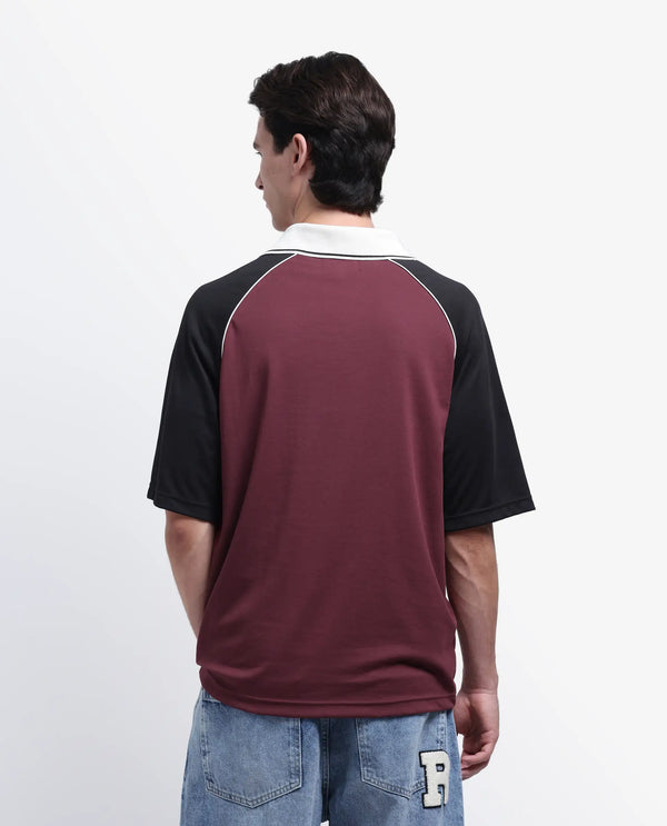 Rare Rabbit Men's Skot Maroon Polyester Cotton Fabric Half Sleeve Crew Neck Oversized Fit Graphic Print Polo