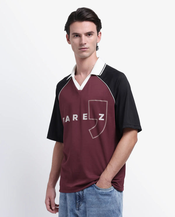 Rare Rabbit Men's Skot Maroon Polyester Cotton Fabric Half Sleeve Crew Neck Oversized Fit Graphic Print Polo