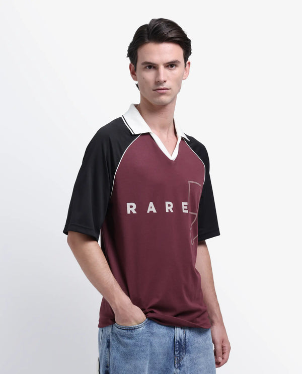 Rare Rabbit Men's Skot Maroon Polyester Cotton Fabric Half Sleeve Crew Neck Oversized Fit Graphic Print Polo