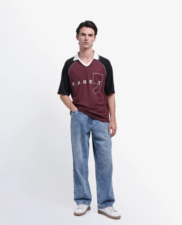 Rare Rabbit Men's Skot Maroon Polyester Cotton Fabric Half Sleeve Crew Neck Oversized Fit Graphic Print Polo