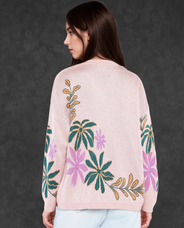 Rareism Women Skyer Pink Relaxed Fit Printed Sweater