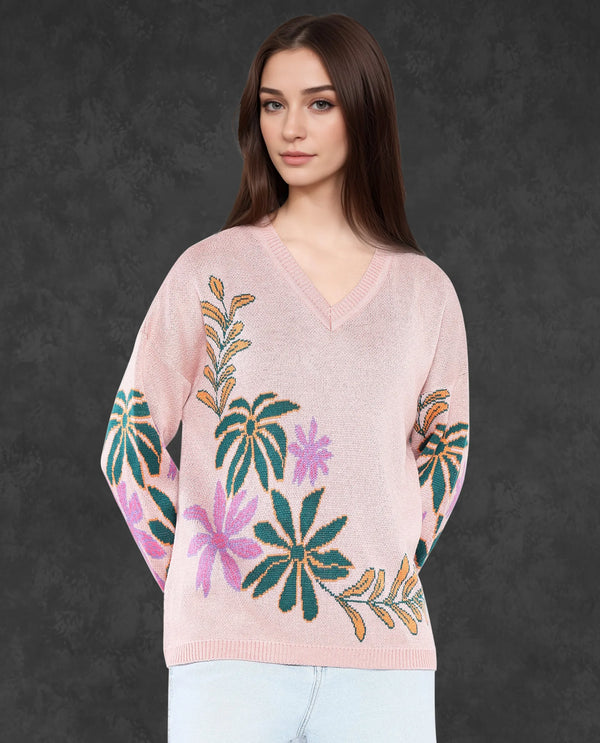 Rareism Women Skyer Pink Relaxed Fit Printed Sweater