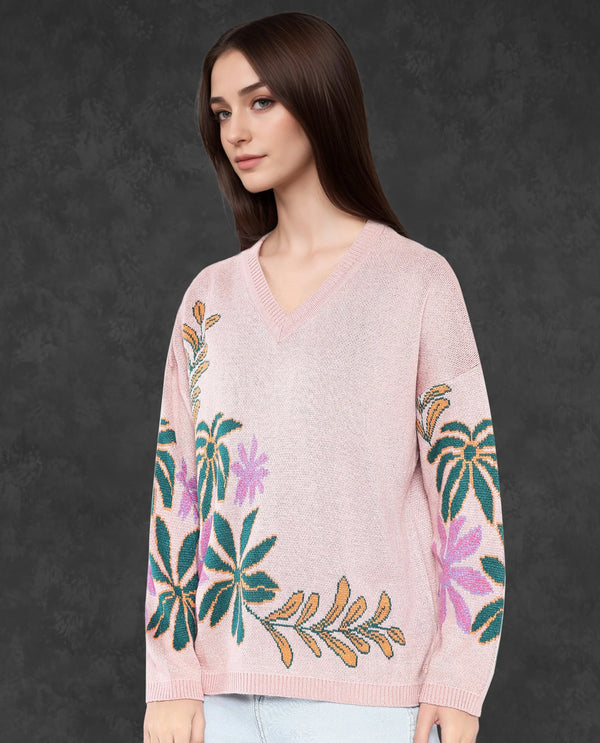 Rareism Women Skyer Pink Relaxed Fit Printed Sweater