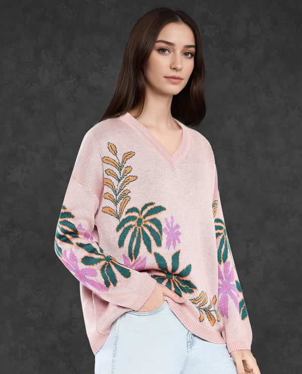 Rareism Women Skyer Pink Relaxed Fit Printed Sweater