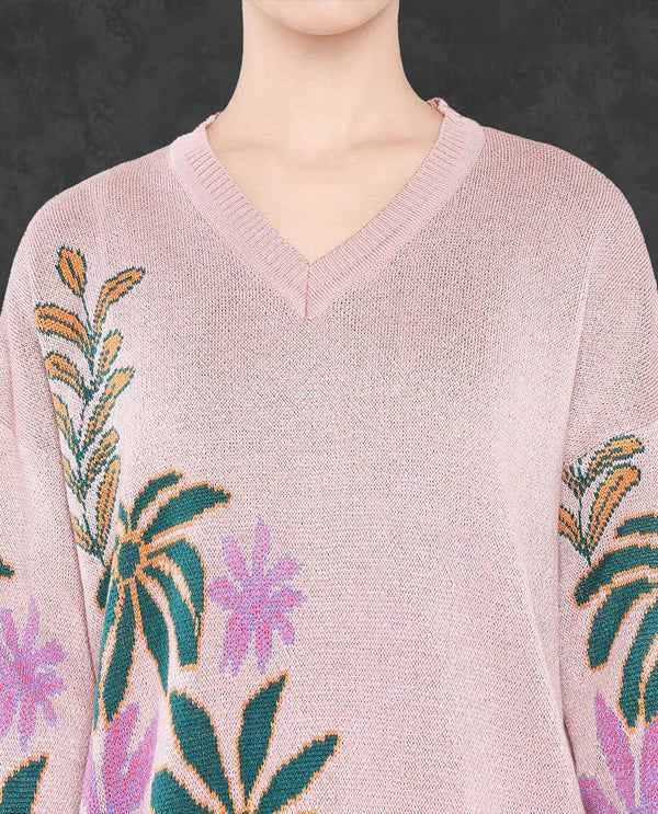 Rareism Women Skyer Pink Relaxed Fit Printed Sweater