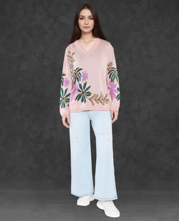 Rareism Women Skyer Pink Relaxed Fit Printed Sweater
