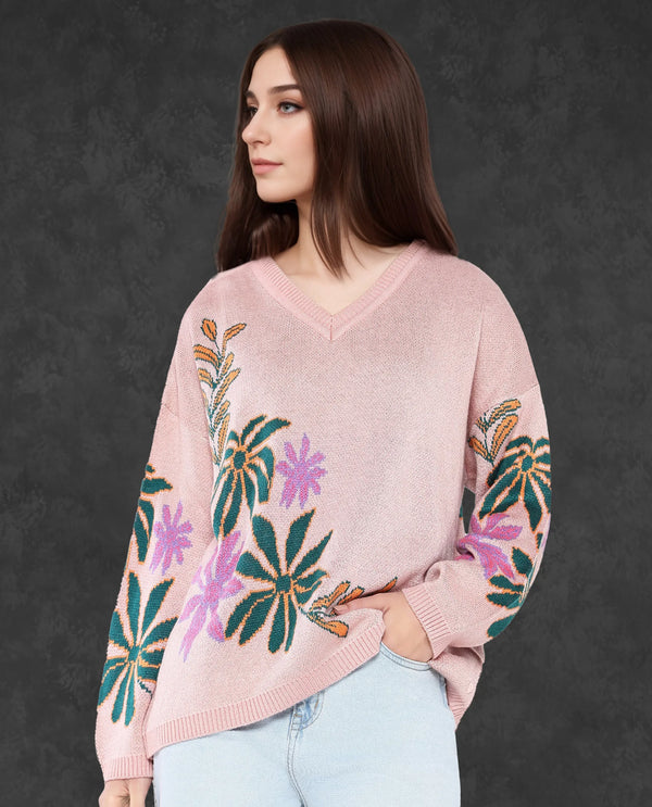 Rareism Women Skyer Pink Relaxed Fit Printed Sweater