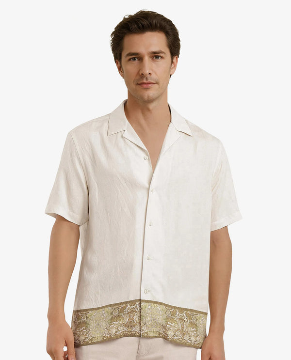 Rare Rabbit Men Slick Beige Cuban Collar Short Sleeve Decorative Placement Print Boxy Fit Shirt