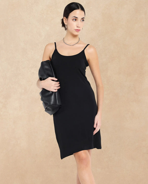 Rareism Women Slippy Black Modal Fabric Solid Inner Wear