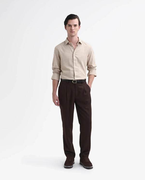 Rare Rabbit Men's Slub Beige Cotton Fabric Full Sleeve Collared Neck Button Closure Plain Shirt
