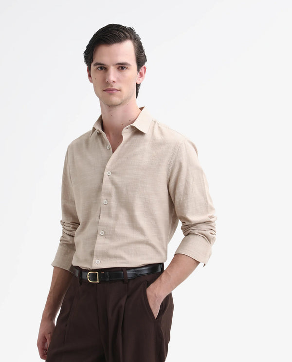 Rare Rabbit Men's Slub Beige Cotton Fabric Full Sleeve Collared Neck Button Closure Plain Shirt