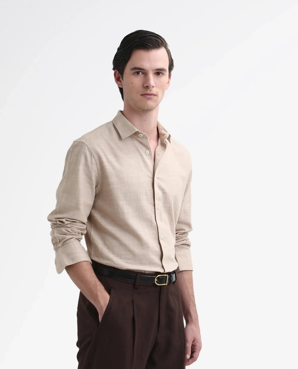 Rare Rabbit Men's Slub Beige Cotton Fabric Full Sleeve Collared Neck Button Closure Plain Shirt