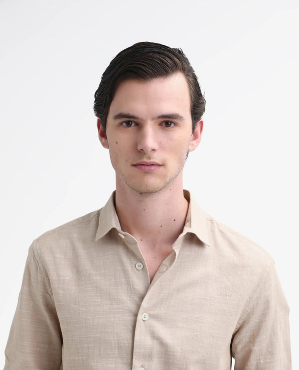 Rare Rabbit Men's Slub Beige Cotton Fabric Full Sleeve Collared Neck Button Closure Plain Shirt