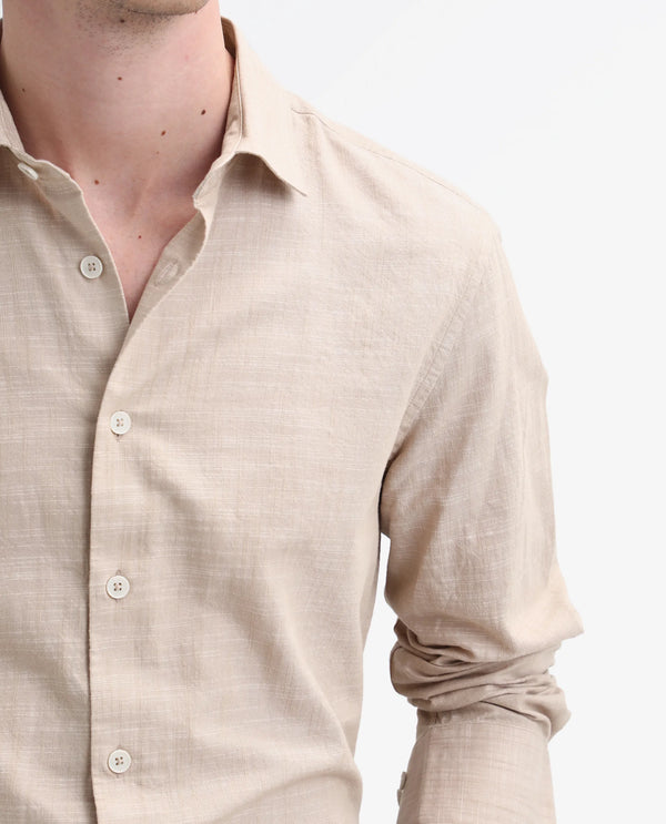 Rare Rabbit Men's Slub Beige Cotton Fabric Full Sleeve Collared Neck Button Closure Plain Shirt