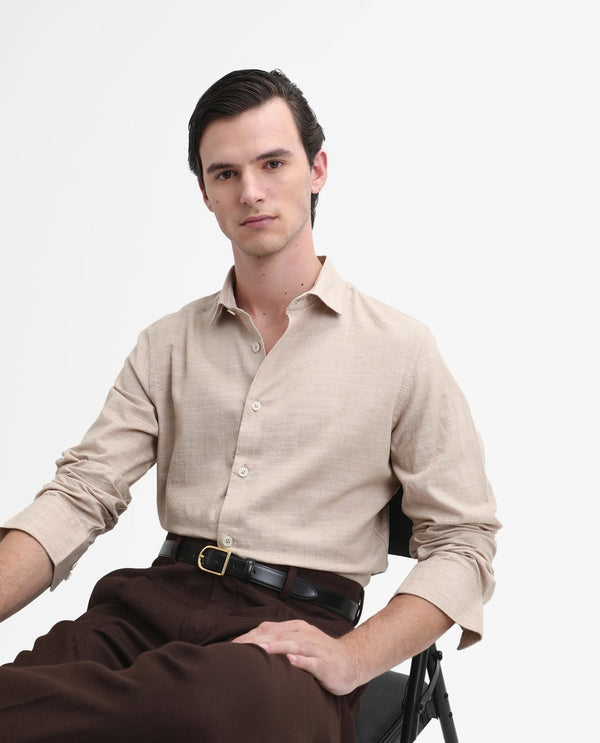 Rare Rabbit Men's Slub Beige Cotton Fabric Full Sleeve Collared Neck Button Closure Plain Shirt