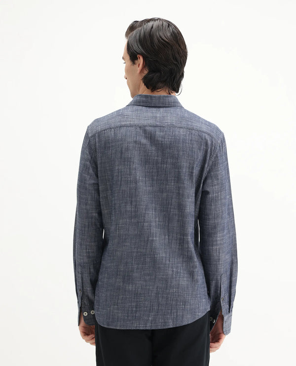 Rare Rabbit Men's Slub Dark Blue Cotton Fabric Full Sleeves Collared Neck Button Closure Plain Shirt