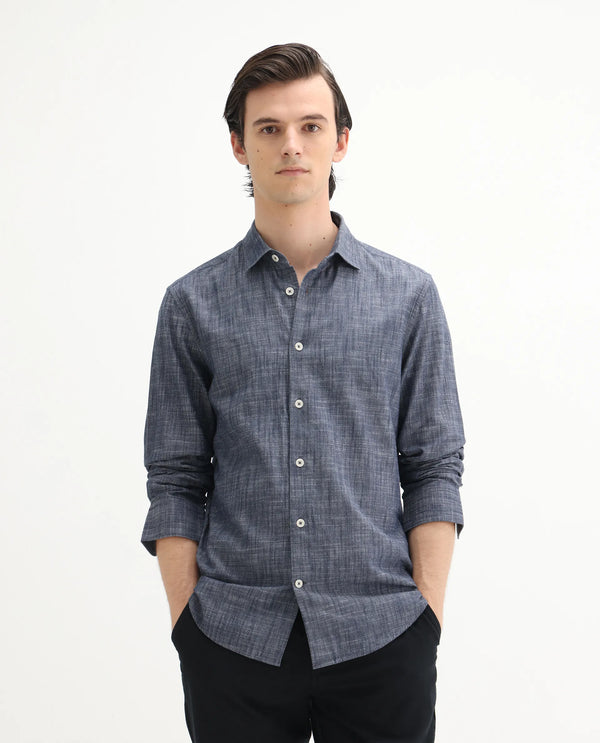 Rare Rabbit Men's Slub Dark Blue Cotton Fabric Full Sleeves Collared Neck Button Closure Plain Shirt