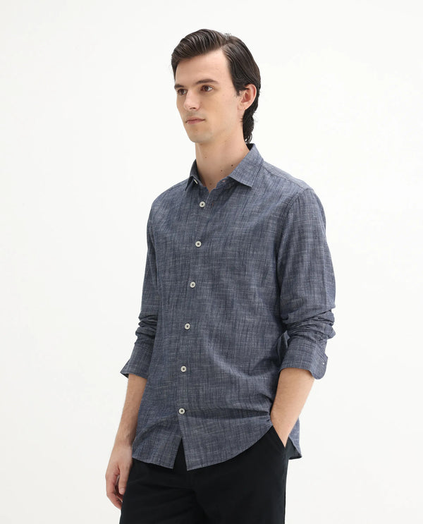 Rare Rabbit Men's Slub Dark Blue Cotton Fabric Full Sleeves Collared Neck Button Closure Plain Shirt